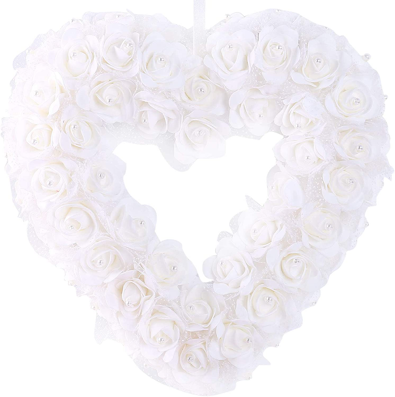 Idyllic Heart Shaped Wreath Floral Rose Artificial Garland Door Wreath for Home Wedding Valentine'S Day Decoration, Ivory, 14 Inches Home & Garden > Decor > Seasonal & Holiday Decorations idyllic White  
