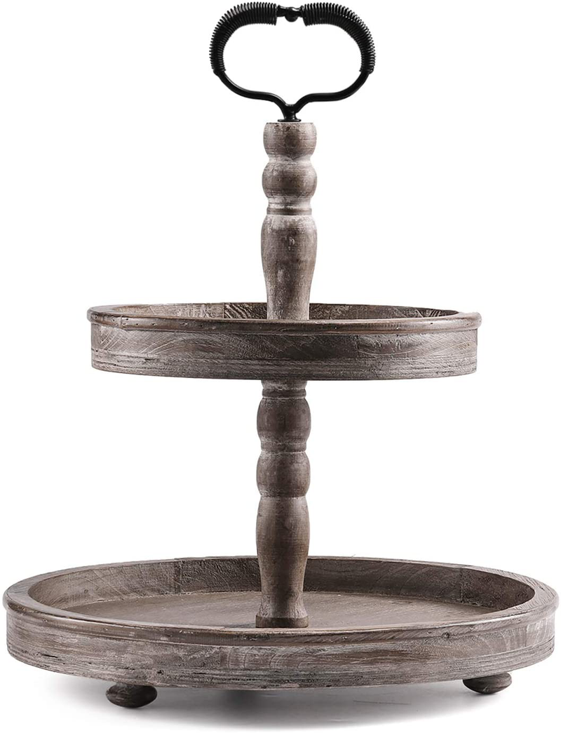 HYGGEISM Two Tier Tray Distressed Wood 2 Tiered Serving Tray Farmhouse, Decorative Wooden Rustic Cake Stand for Kitchen Counter Table, Halloween Decor (Round Handle) Home & Garden > Decor > Decorative Trays HYGGEISM Heart-shaped handle  