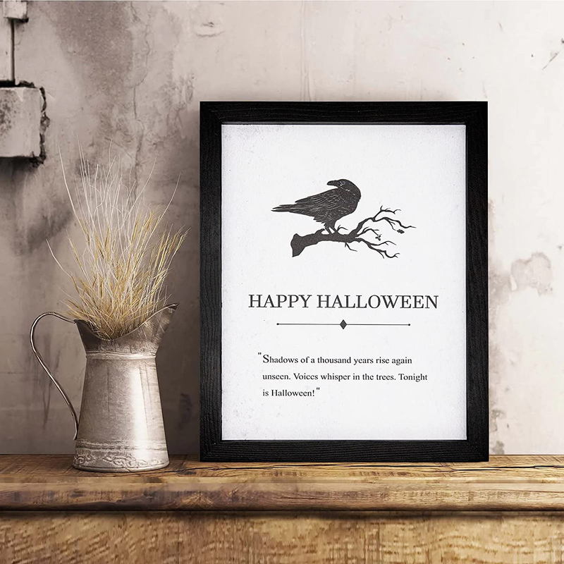 Happy Halloween Farmhouse Wall Sign | Black Wooden Frame 14''x11'' with Terrifying Moon Print | Vintage Halloween Decorations Indoor | Halloween Decor for Home