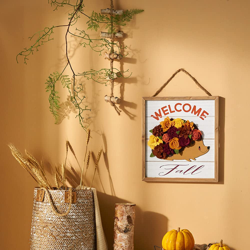 Eternhome Welcome Fall Sign Cute Flower Hedgehog Décor Wood Thanksgiving Hanging Sign Vintage Harvest Festive Home Decoration Rustic Halloween Autumn Front Door Décor Arts & Entertainment > Party & Celebration > Party Supplies Eternhome   
