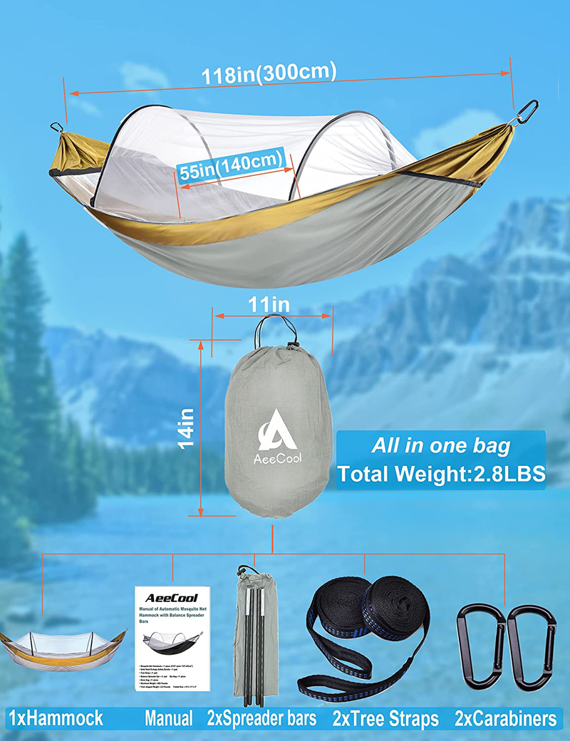 Hammock with Mosquito Net and Balance Spreader Bar 2 Person Parachute Fabric Travel Hammock for Outdoor Camping Backpacking Travel Hiking Beach Backyard (Grey&Khaki) Sporting Goods > Outdoor Recreation > Camping & Hiking > Mosquito Nets & Insect Screens AeeCool   