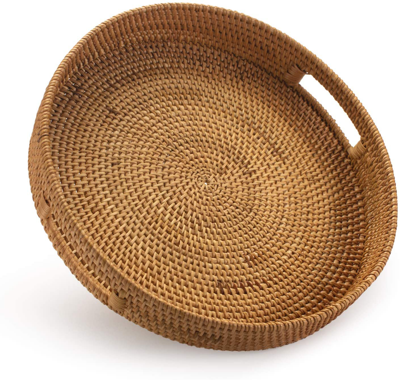 Coffee Table Tray Round Rattan Ottoman Tray Woven Serving Trays with Handles for Home and Kitchen Decorative Natural（Large 14 inch x 2.8 inch） Home & Garden > Decor > Decorative Trays DECRAFTS 14 inch x 2.8 inch  