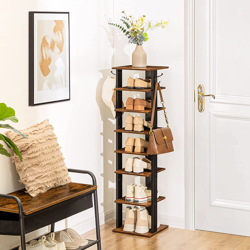 HOOBRO Vertical Shoe Rack, 8 Tier Shoe Storage Organizer with Hooks, Narrow Shoe Rack for 8 Pairs, Space Saving, Stable and Strong, for Entryway, Living Room, Bedroom, Rustic Brown BF07XJ01 Furniture > Cabinets & Storage > Armoires & Wardrobes HOOBRO   