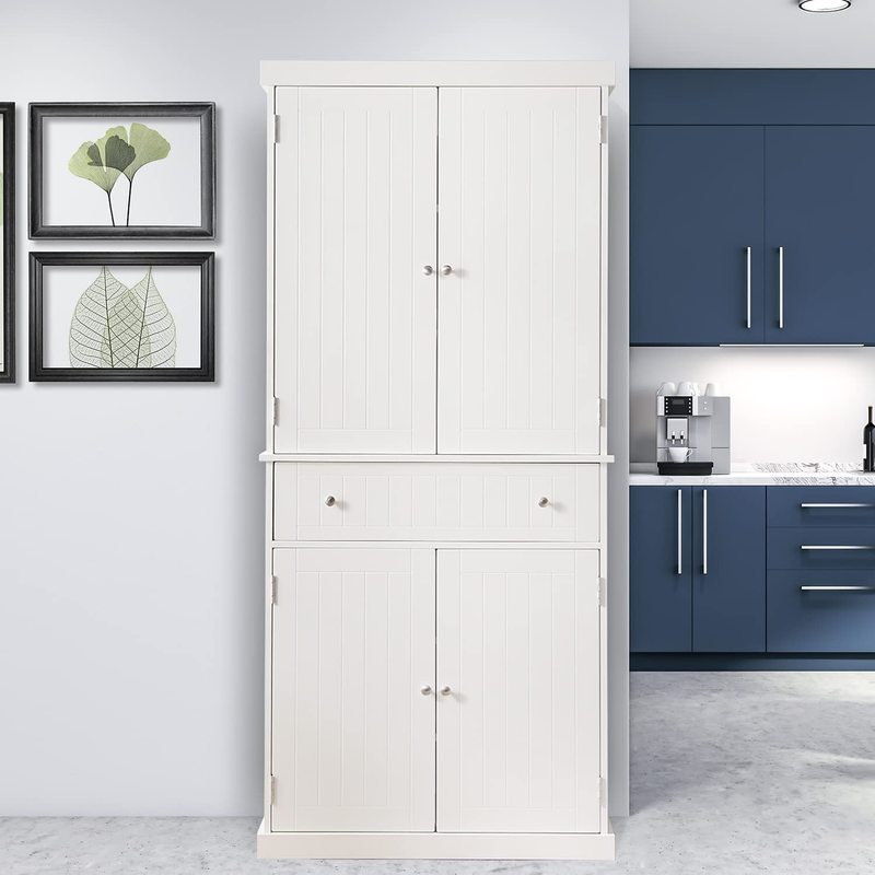 Freestanding Kitchen Pantry Cabinet Tall Storage Cupboard with Doors and Adjustable Shelves for Kitchen, Living Room, Dining Room, White