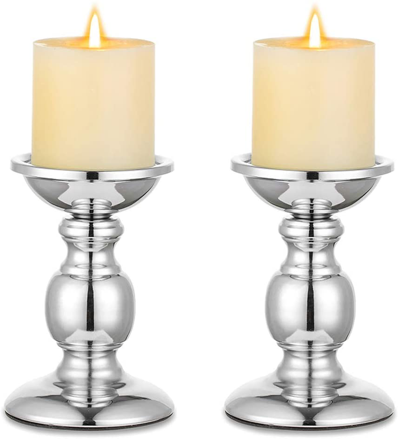 NUPTIO Pillar Candle Holders Metal Candle Holder Ideal for 3 inches Candles, Silver Candle Holder for Living Room, Gardens, Spa, Aromatherapy, Incense Cones, Wedding, Party, 2 Pcs Home & Garden > Decor > Home Fragrance Accessories > Candle Holders Fuzhou cangshan Silver 2 x S 