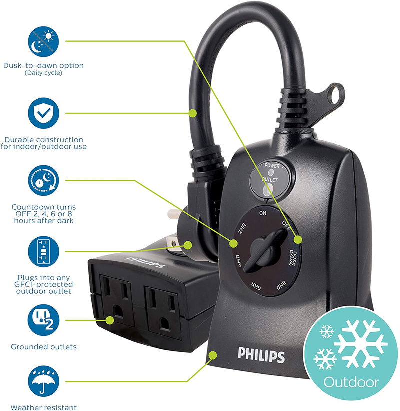 Philips Light-Sensing Plug-in Outdoor Mechanical Timer, Preset/Countdown, Dawn-to-Dusk, 2 Polarized Outlets, Override Switch, Ideal for landscape, Seasonal Lighting, Décor, SPC1240AT/27