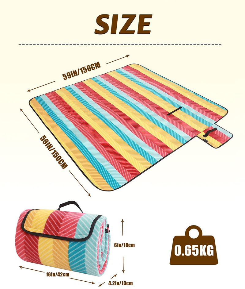 JEAOUIA Picnic Blankets Waterproof Sandproof Foldable Large 59"×59" Outdoor Camping Blanket with 3 Layers Material for 3-6 Adults Striped Picnic Blanket for Camping Beach Park Travel Family Home & Garden > Lawn & Garden > Outdoor Living > Outdoor Blankets > Picnic Blankets JEAOUIA   