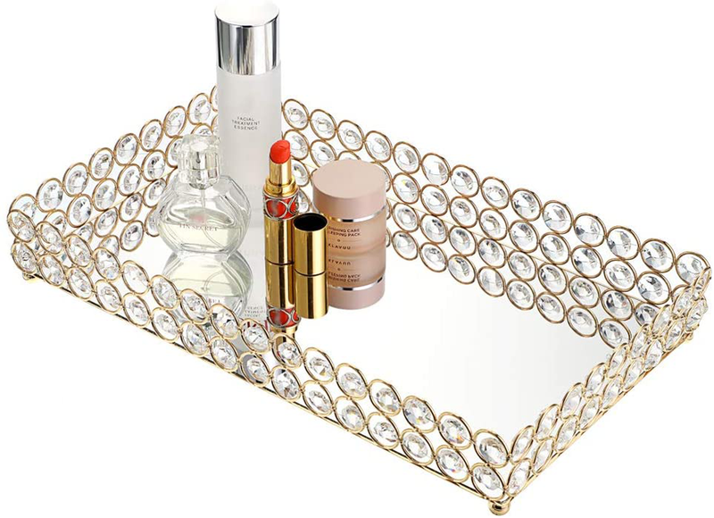 Hipiwe Crystal Cosmetic Makeup Tray - Large Mirrored Vanity Tray Jewelry Trinket Organizer TrayTray Home Decorative Dresser Tray Bathroom Tray, 13.7"x 7.87" Home & Garden > Decor > Decorative Trays Hipiwe Gold Large 