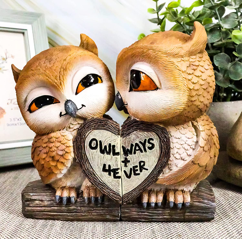 Ebros Romantic Kissing Love Owl Couple Decor Statue 2 Piece Set Decorative Figurine Valentines Birds Pair of Owls Holding Heart Shaped Sign Saying Owlways 4Ever