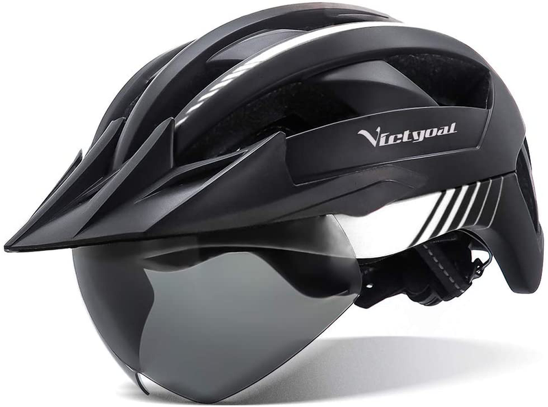VICTGOAL Bike Helmet with USB Rechargeable Rear Light Detachable Magnetic Goggles Removable Sun Visor Mountain & Road Bicycle Helmets for Men Women Adult Cycling Helmets Sporting Goods > Outdoor Recreation > Cycling > Cycling Apparel & Accessories > Bicycle Helmets VICTGOAL Black White  