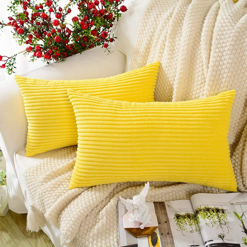 MERNETTE Pack of 2, Corduroy Soft Decorative Square Throw Pillow Cover Cushion Covers Pillowcase, Home Decor Decorations for Sofa Couch Bed Chair 20X20 Inch/50X50 Cm (Striped Cream) Home & Garden > Decor > Chair & Sofa Cushions MERNETTE Lemon Yellow 12"x20" 
