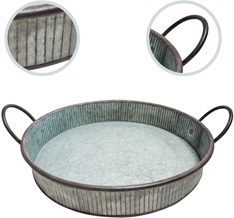 MANDII Galvanized Round Serving Tray with Handles | 13" Farmhouse Trays | Decorative Centerpiece for Coffee Table | Rustic Decor Kitchen and Dining Room | Indoor&Outdoor Silver Decoration Home & Garden > Decor > Decorative Trays MANDII Galvanized Serving Tray   