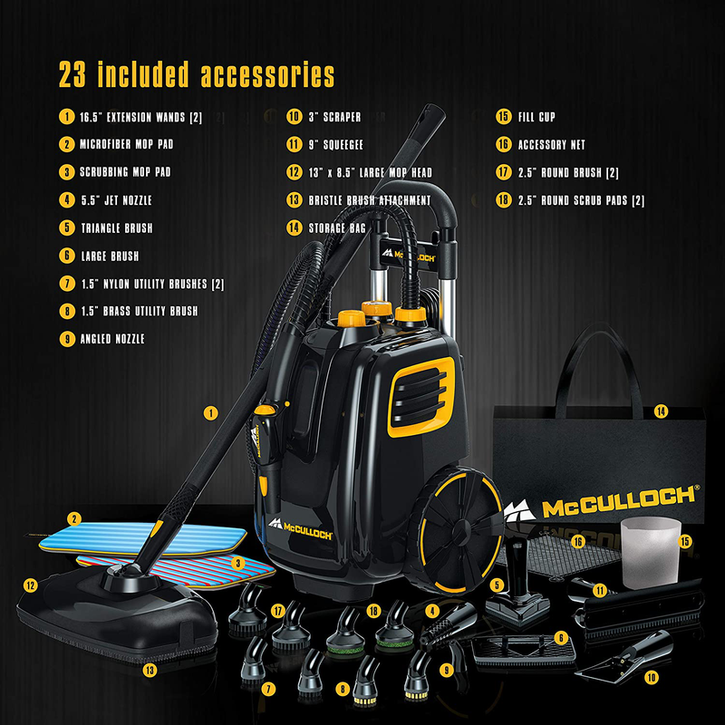 McCulloch MC1385 Deluxe Canister Steam Cleaner with 23 Accessories, Chemical-Free Pressurized Cleaning for Most Floors, Counters, Appliances, Windows, Autos, and More, 1-(Pack), Black Home & Garden > Household Supplies > Household Cleaning Supplies McCulloch   