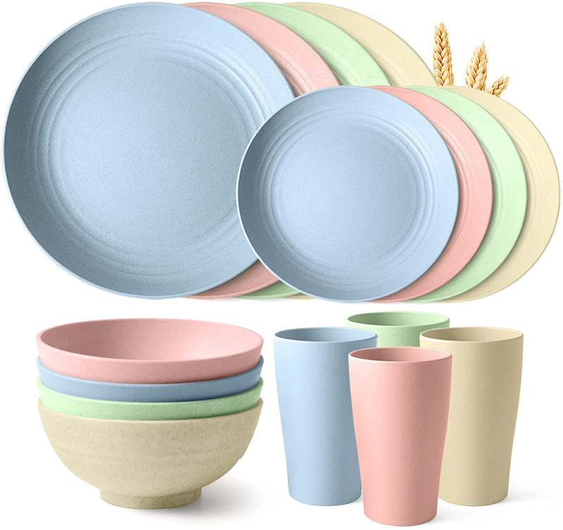 Teivio 24-Piece Kitchen Wheat Straw Dinnerware Set, Dinner Plates, Dessert Plate, Cereal Bowls, Cups, Unbreakable Plastic Outdoor Camping Dishes (Service for 6 (24 piece), Multicolor) Home & Garden > Kitchen & Dining > Tableware > Dinnerware Teivio Multicolor Service for 4 (16 piece) 
