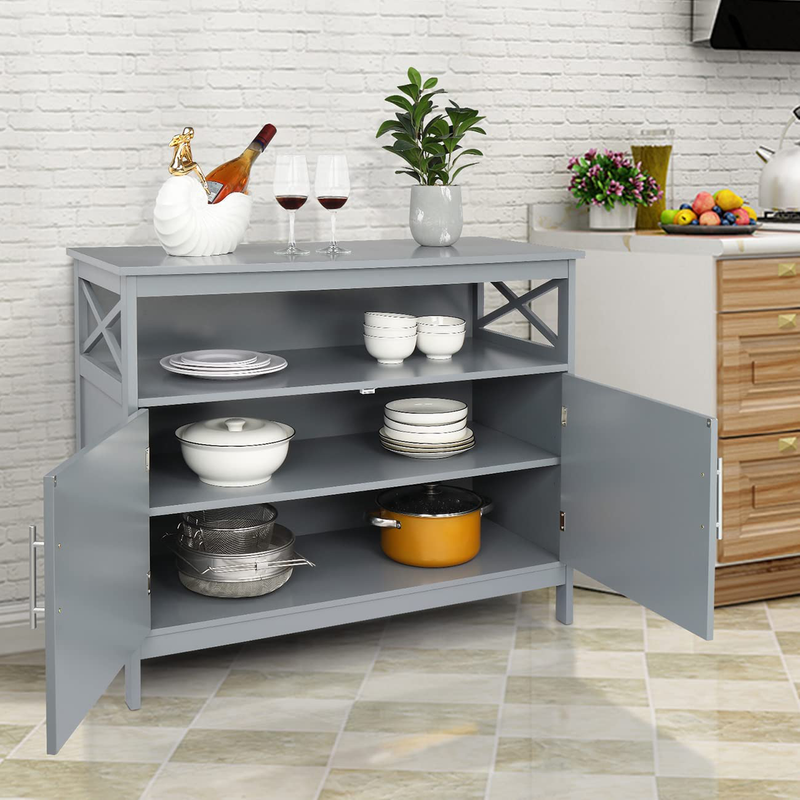 Kitchen Sideboard Buffet Storage Cabinet with 2 Doors, 1 Adjustable Shelf & Open Shelf, Buffet Server Cupboard Console Table for Living Room, Dining Room, Hallway Furniture, Gray