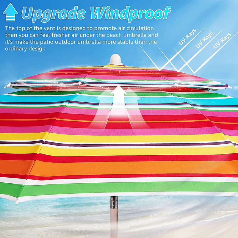 ROWHY 2 Tiers 7.5’ Beach Umbrella with Sand Anchor & Push Button Tilt Pole Portable for Heavy Duty Wind UV 50+ Sunshade Umbrella with Carry Bag for Patio Outdoor Umbrella(Red-Orange Stripe)
