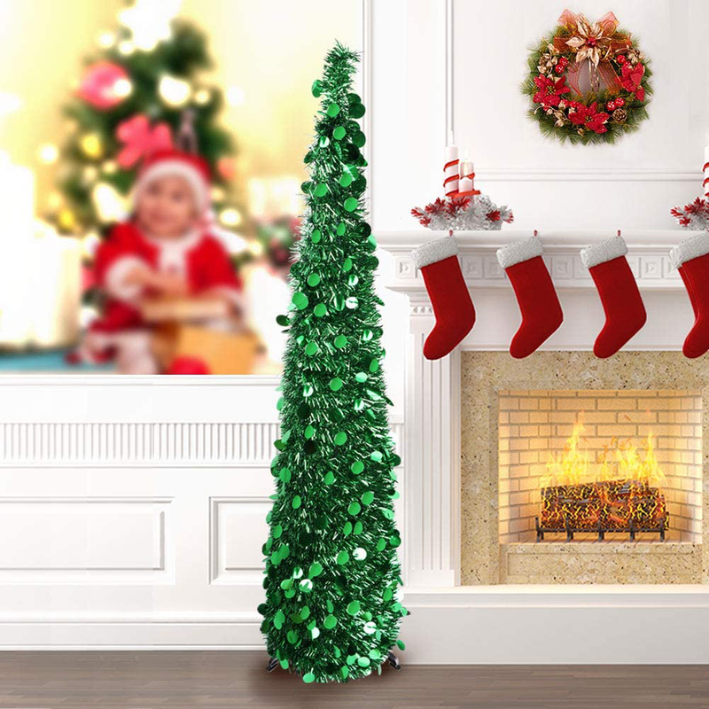 PartyTalk 5ft Pop Up Christmas Tree with Stand, Green Tinsel Collapsible Artificial Christmas Tree for Holiday Christmas Home Decorations Home & Garden > Decor > Seasonal & Holiday Decorations > Christmas Tree Stands OurWarm Default Title  