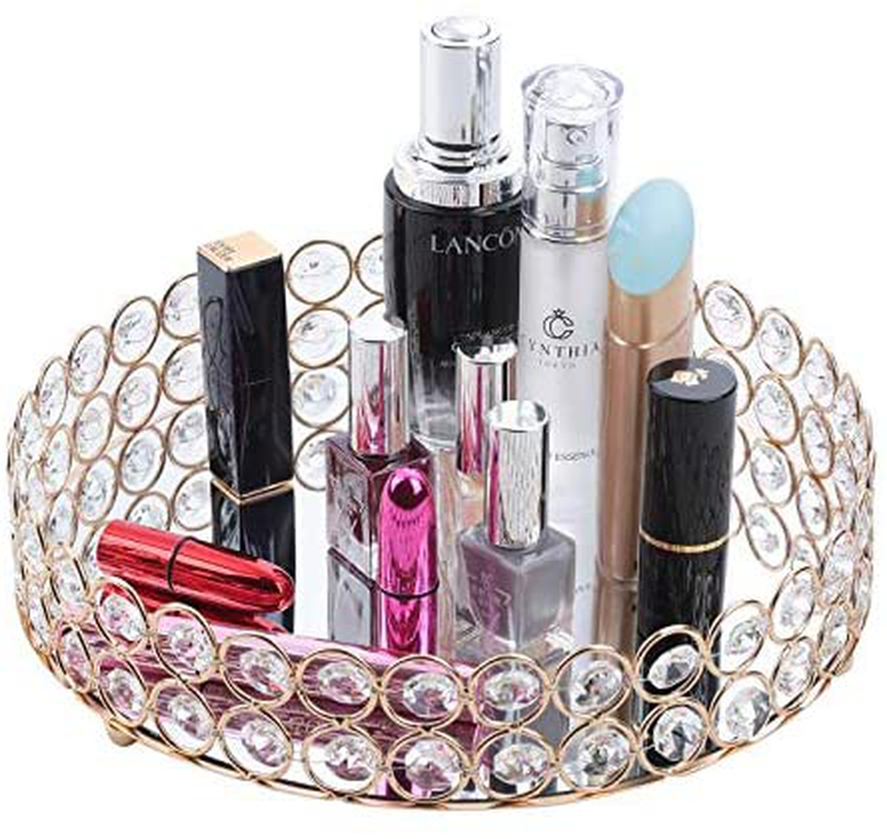 Decorative Makeup Vanity Trays, Crystal Mirrored Cosmetic Jewelry Toiletries Trinket Home Decor Tray Handmade Glass Ornate Perfume Tray for Dresser Bedroom Bathroom Restaurant Hotel (Oval Silver) Home & Garden > Decor > Decorative Trays WaiTing Round Gold  