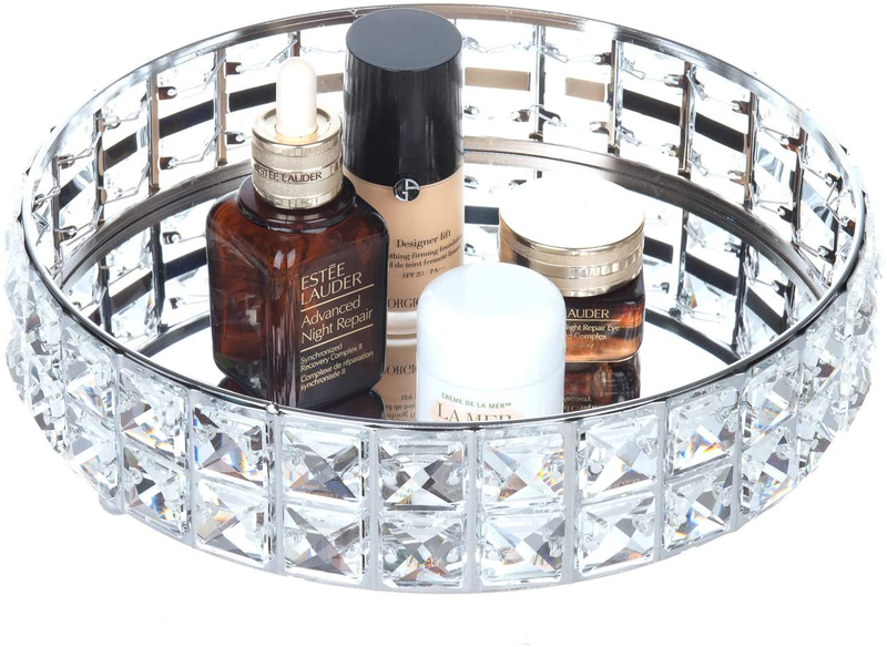 Feyarl Anti-Scratch Glass Mirror Surface Crystal Vanity Makeup Tray Ornate Jewelry Trinket Tray Organizer Sparkly Bling Cosmetic Perfume Bottle Tray Decorative Home Decor Dresser Skin Care Storage