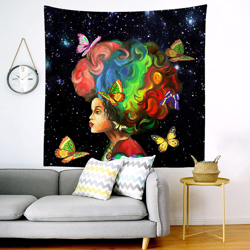 Third Goddess Tapestry Black Starry Girl Wall Hanging- African American Girl with Colorful Butterfly Wall Tapestry 60 x 60 for Home Decor & Gift(150 x 150cm) Home & Garden > Decor > Artwork > Decorative Tapestries Third Goddess   