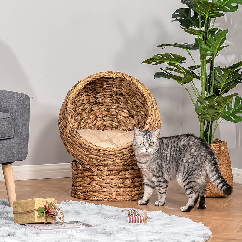 Pawhut 20" Natural Braided Banana Leaf Elevated Cat Bed Basket with Cushion Animals & Pet Supplies > Pet Supplies > Cat Supplies > Cat Beds PawHut   
