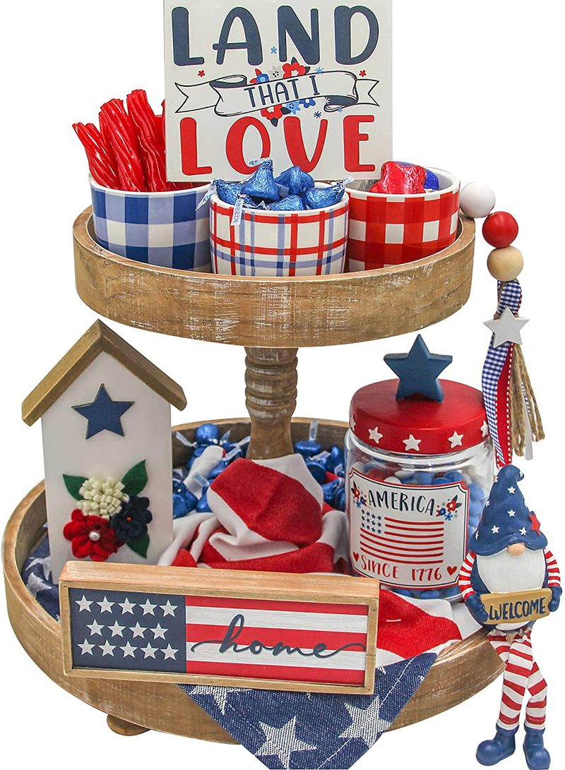 Labor Day American Decorative Tiered Tray Decor 9pc Stars and Stripes Bundle Patriotic Signs Americana Red White Blue Decorations Home & Garden > Decor > Decorative Trays Generic   
