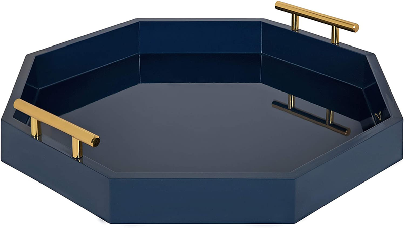 Kate and Laurel Lipton Mid-Century Octagon Wood Decorative Tray, 18" x 18", Walnut Brown and Gold, Decorative Chic Serving Tray Home & Garden > Decor > Decorative Trays Kate and Laurel Navy Blue 18x18 
