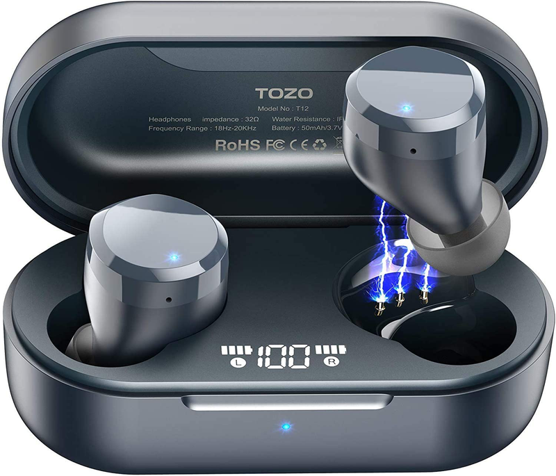 TOZO T12 Wireless Earbuds Bluetooth Headphones Premium Fidelity Sound Quality Wireless Charging Case Digital LED Intelligence Display IPX8 Waterproof Earphones Built-in Mic Headset for Sport Black Electronics > Audio > Audio Components > Headphones & Headsets > Headphones TOZO Blue  