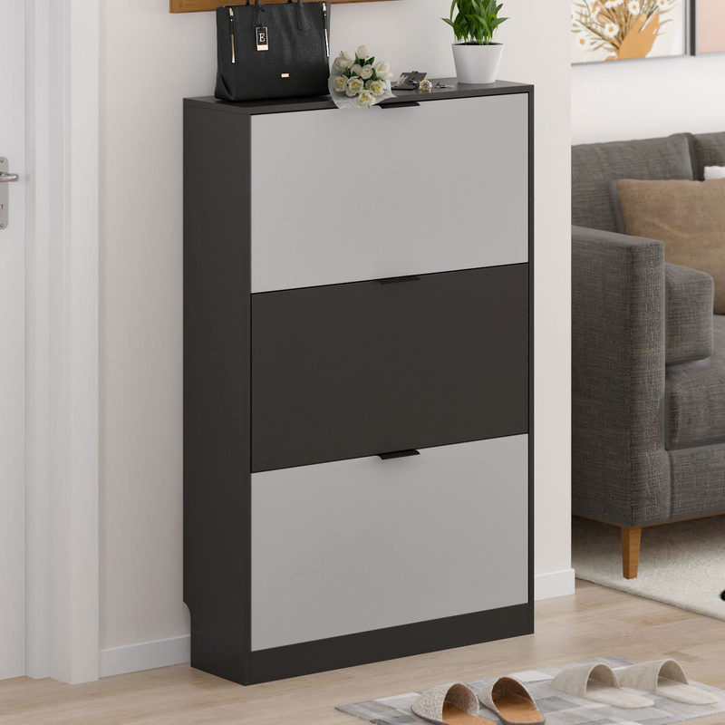 FAMAPY Modern Shoe Storage Cabinet with 3 Compartments, Wood Shoe Organizer, Adjustable, for Entryway Hallway, Grey-Black (31.5”W X 9.4”D X 49.2”H) Furniture > Cabinets & Storage > Armoires & Wardrobes FAMAPY   