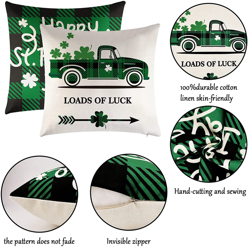 St Patricks Day Decorations, St Patricks Day Pillow Covers 18X18 Set of 4, St Patricks Day Decor for Home Green Clover Buffalo Plaid Check Lucky Charms Throw Pillows Decorative Cushion Case Sofa Couch