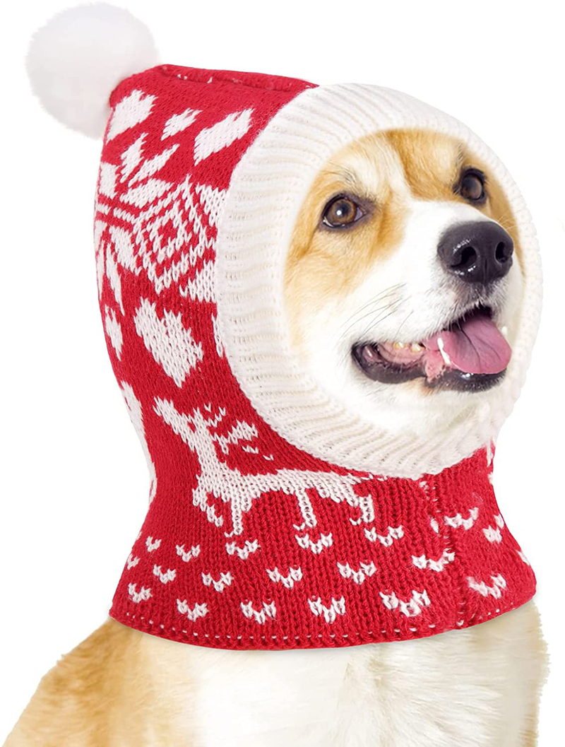 Pawaboo Christmas Pet Hat, Funny Knitted Pets Cap with Pompon, Cute Crocheted Snood Winter Warm Pet Hat, Neck Ear Warmer Hood Warm Scarf Xmas Decoration Santa Hat for Medium Dogs Animals & Pet Supplies > Pet Supplies > Cat Supplies > Cat Apparel Pawaboo Xmas Elk Red Medium 