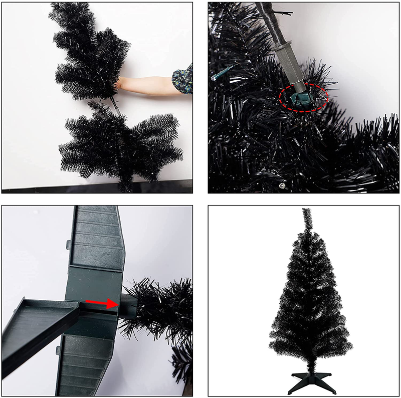 Juegoal Pre-Lit Artificial Halloween Christmas Tree, 4 FT Lighted Black Tinsel Xmas Pine Trees with 50 LEDs Lights, 8 Lighting Modes & Battery Powered Waterproof for Home Office Party Decorations Home & Garden > Decor > Seasonal & Holiday Decorations > Christmas Tree Stands Juegoal   