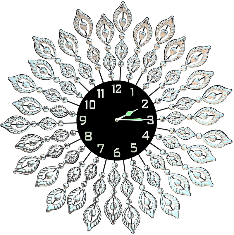 Lulu Decor, 25” Crystal Leaf Metal Wall Clock, 9” White Glass Dial with Arabic Numerals, Decorative Clock for Living Room, Bedroom, Office Space Home & Garden > Decor > Clocks > Wall Clocks Lulu Decor, Inc. Crystal Clock/Night Dial  