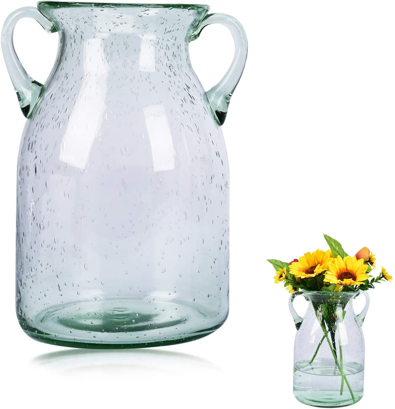 QUECAOCF Elegant Flower Glass Vase with Handle, Handmade Double Ear Air Bubbles Glass Vase for Centerpiece Home and Wedding Indoor and Outdoor Decorative Home & Garden > Decor > Vases Sheng Litong Green Medium 