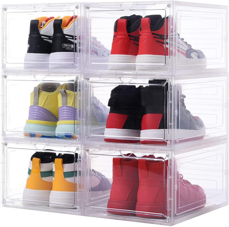 Drop Front Shoe Box,Set of 6,Shoe Storage Boxes Clear Plastic Stackable,Clear Shoe Box,Shoe Box Storage Containers and Organizer,For Display Sneakers, US Size 12- (13.4”X 10.6”X 7.4”)Clear Furniture > Cabinets & Storage > Armoires & Wardrobes Yukui LLc   