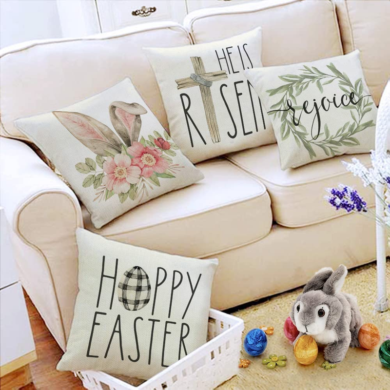 Easter Pillow Covers 18X18 Set of 4 Easter Decorations for Home He Is Risen Floral Pillows Bunny Easter Buffalo Plaid Eggs Decorative Throw Pillows Spring Easter Farmhouse Decor A476-18 Home & Garden > Decor > Seasonal & Holiday Decorations AENEY   