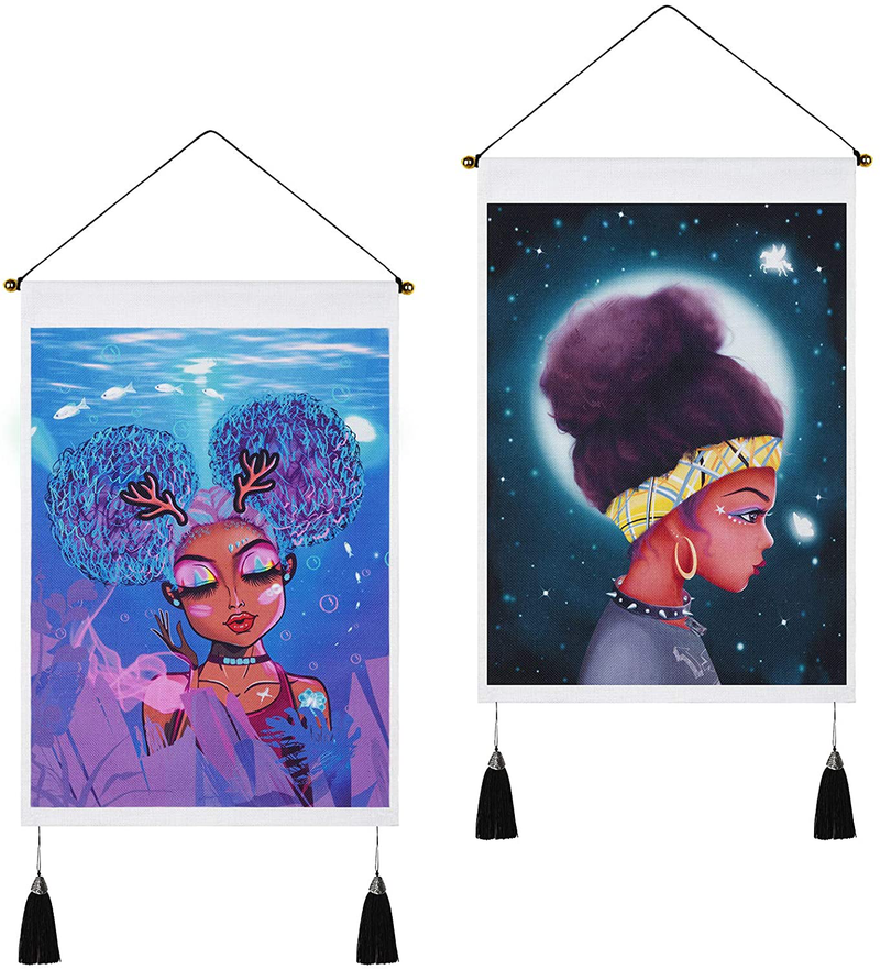 Pack of 2 Black Girl Tapestry African American Women Tapestries Afro Girl Fantasy Wall Art Tapestry Wall Hanging for Girl, Daughter, Kids Room(13.8 x 19.7 inches)