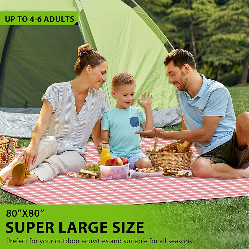 Picnic Blankets Oversized, 80''x80'' Extra Large Outdoor Beach Blanket Picnic Mat Waterproof Foldable Machine Washable, Sandproof Plaid Picknick Blanket for Camping, Park, Hiking, Red and White Home & Garden > Lawn & Garden > Outdoor Living > Outdoor Blankets > Picnic Blankets QRJAUBUEL   