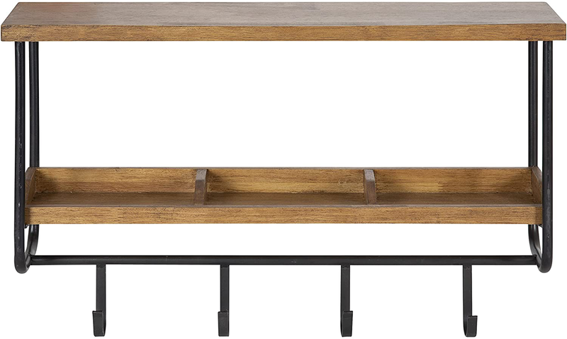 Kate and Laurel Oddell Wood Wall Shelf with Hooks, 24x6x15, Rustic Brown Furniture > Shelving > Wall Shelves & Ledges Kate and Laurel   