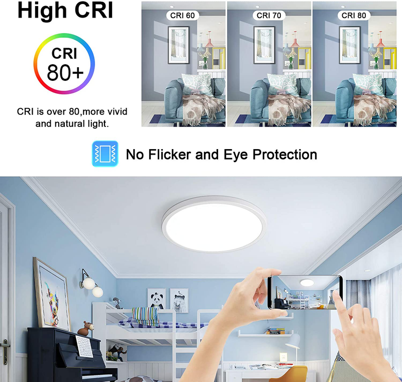 Oeegoo RGB Led Flush Mount Ceiling Light with Remote, 12Inch 24W 2400LM, round Thin Dimmable Ceiling Lamp, Modern Low Profile Ceiling Light Fixture for Bedroom Kitchen Living Room, 3000K-6500K, White