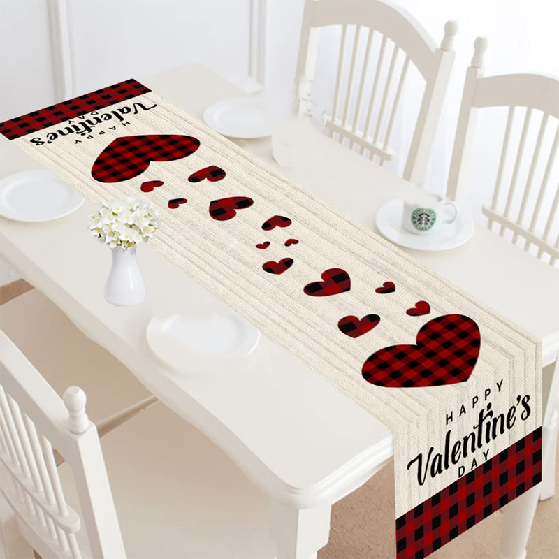 PTFNY Happy Valentine'S Day Table Runner 13 X 72 Inch Burlap Red Plaid Hearts Valentines Day Table Runner Valentine'S Day Dinner Table Decorations for Valentines Engagement Wedding Party Supplies Home & Garden > Decor > Seasonal & Holiday Decorations PTFNY   
