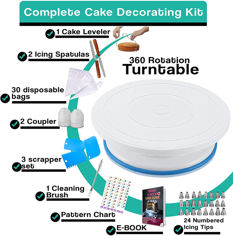 RFAQK Cake decorating supplies with Cake Turntable-Cake leveler- 24 Numbered Icing Piping Tips with Pattern Chart and EBook- Straight & Angled Spatula-30 Icings Bags- 3 Icing Comb Scraper set Home & Garden > Kitchen & Dining > Kitchen Tools & Utensils > Cake Decorating Supplies RFAQK   