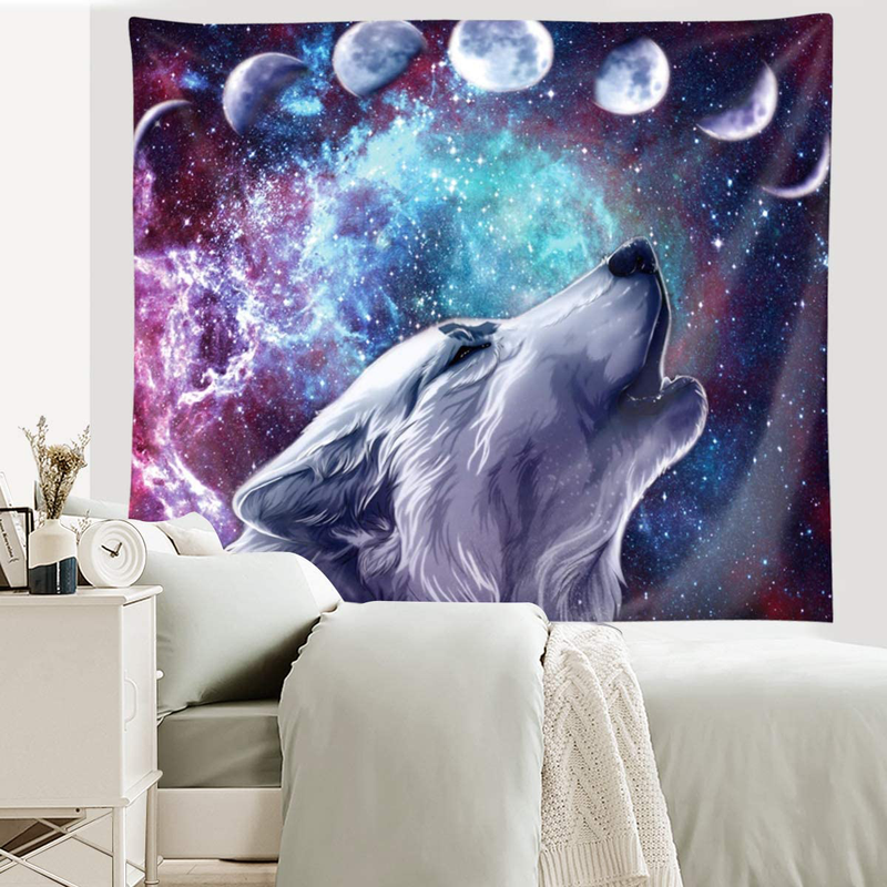JOYSOG Wolf Tapestry Wall Hanging Galaxy Wolves in Starry Night Wall Decor Tapestry Space Moon Phase Tapestries for Bedroom Living Room - 60" x 50" Home & Garden > Decor > Artwork > Decorative Tapestries JOYSOG   