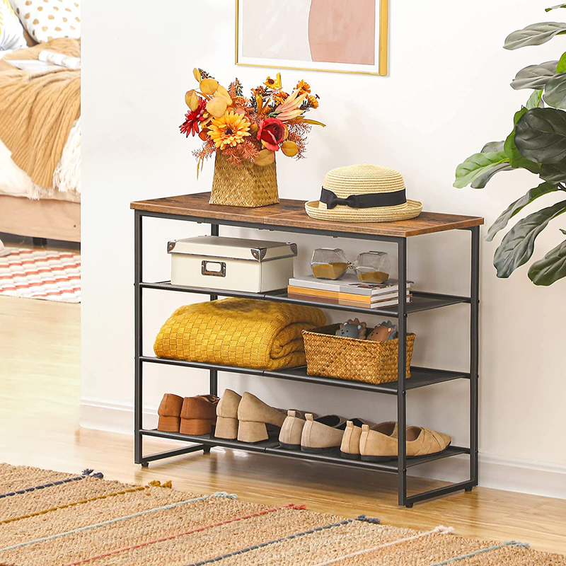 HOOBRO 4 Tier Shoe Rack, Shoe Storage Organizer, Shoe Shelf with 3 Mesh Shelves, Hold 12-15 Pairs of Shoes, Wood Look Accent Furniture with Metal Frame, for Entryway, Living Room, Hallway BF64XJ01 Furniture > Cabinets & Storage > Armoires & Wardrobes HOOBRO   