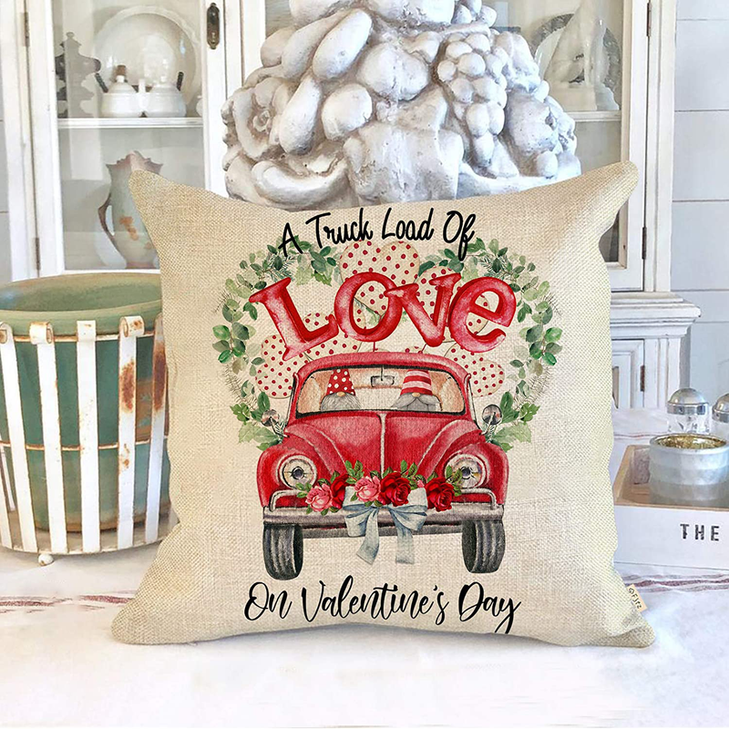 Fjfz Valentines Day Farmhouse Decorative Throw Pillow Cover Vintage Red Truck Gnomes Sign Loads of Love Roses Lovers Holiday Decoration Home Décor Cotton Linen Cushion Case for Sofa Couch 18" X 18" Home & Garden > Decor > Seasonal & Holiday Decorations Fjfz   