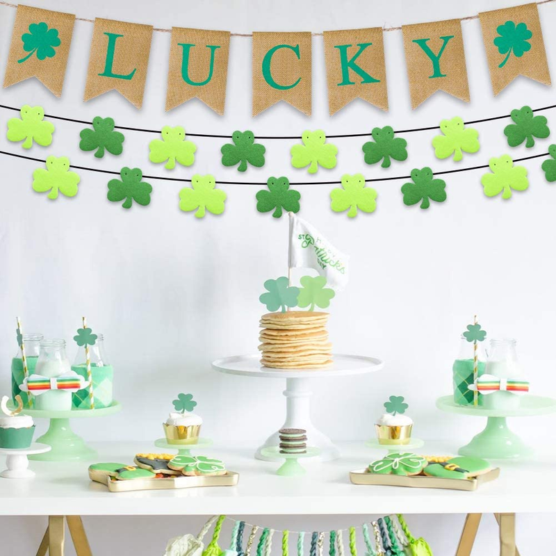 DMIGHT St.Patricks Day Decorations,2 Felt Shamrock Clover Garland+ 1 Lucky Burlap Banner,St. Patrick 'S Day Banner Decor Perfect for Irish Party Supplies- Green and Light Green Color