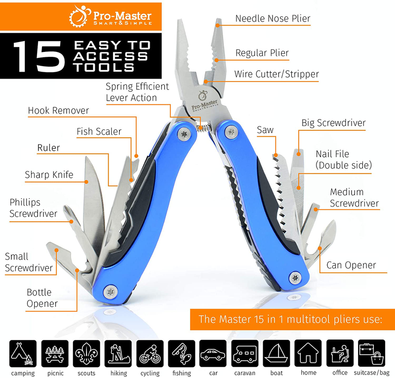 Multitool Knife - 15 in 1 Portable Pocket Multi Tool. Christmas Gifts for Men Dad Husband. Folding Saw, Wire Cutter, Pliers, Sheath - Multipurpose, Survival, Camping, Fishing, Hunting, Hiking, Car Set Sporting Goods > Outdoor Recreation > Camping & Hiking > Camping Tools PRO-MASTER SMART & SIMPLE   