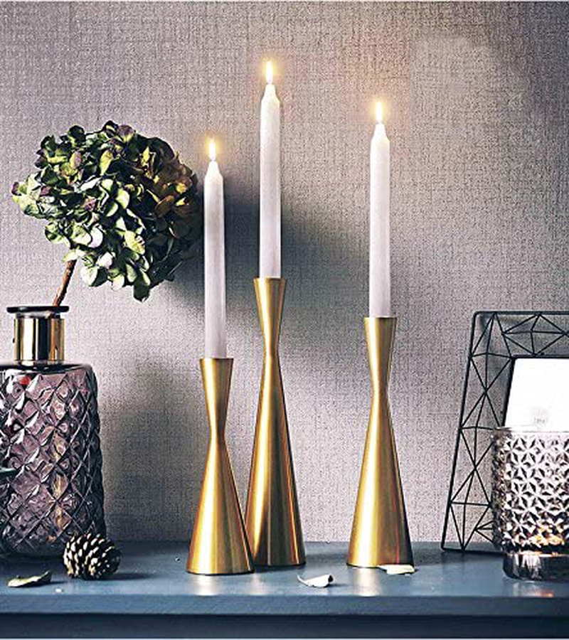 Set of 3 Brass Gold Metal Taper Candle Holders Candlestick Holders, Vintage & Modern Decorative Centerpiece Candlestick Holders for Table Mantel Wedding Housewarming Gift (Brass Golden, S+M+L/SET) Home & Garden > Decor > Home Fragrance Accessories > Candle Holders KiaoTime   