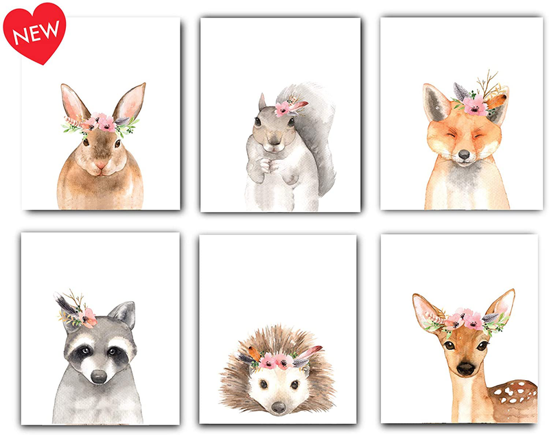 Designs by Maria Inc. Woodland Floral Crown Animals Nursery Decor Watercolor Art Posters | Set of 6 (Unframed) 8x10 Prints Home & Garden > Decor > Seasonal & Holiday Decorations MARIA Default Title  