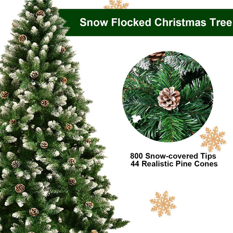 Timechee 6FT Artificial Christmas Tree,Snow Flocked Tree with Pine Cones and Metal Stand, Holiday Xmas Tree for Festival Indoor Outdoor Décor (800 Branch Tips)
